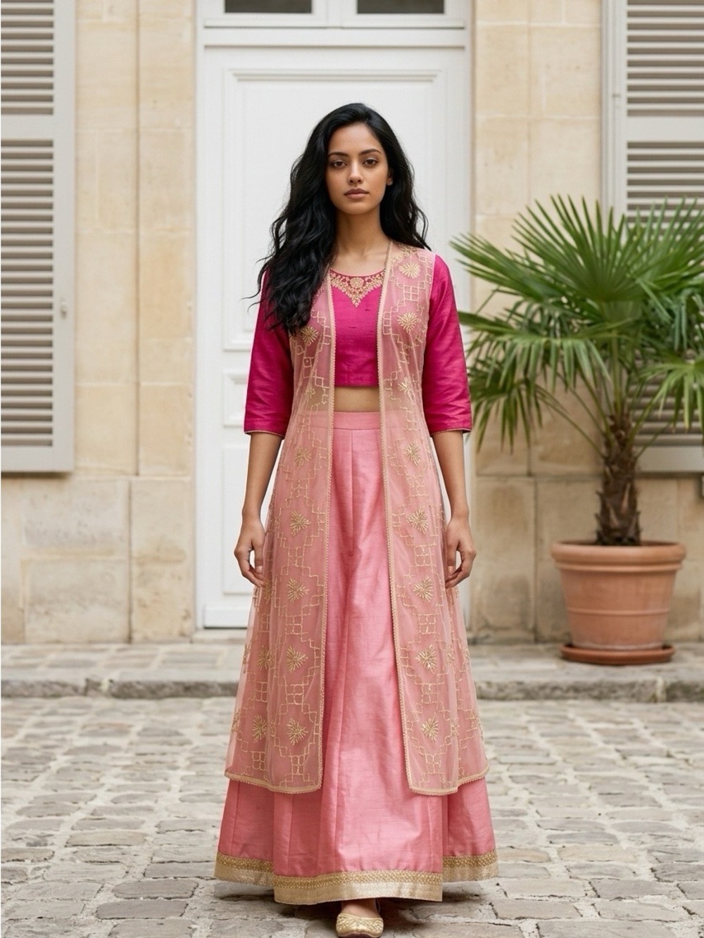 Ethnic Indian Wear Pink Embroidered Maxi Skirt Set with Overlay